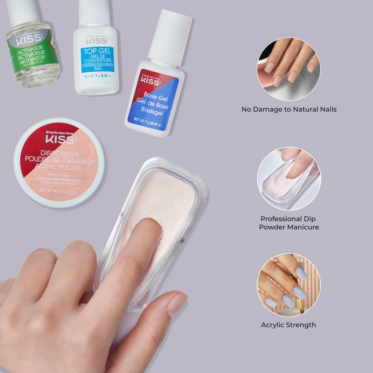Kiss Salon Dip Professional Dipping System Dip Powder Manicure Kit, Brush-On Gel, Dip Powder, Activator, 2 Brushes, Dipping Tray, Cuticle Stick