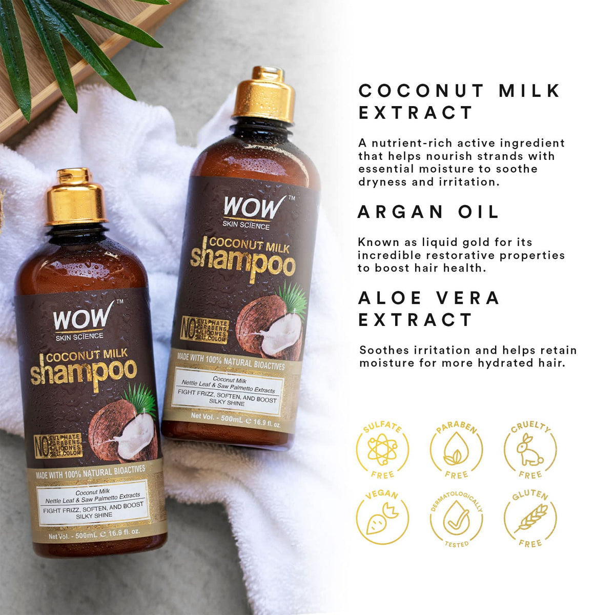 WOW Skin Science Natural Coconut Milk Shampoo For Hair Growth, Curly & Wavy Hair, Men & Women - Hydrating Shampoo with No Sulfates, No Parabens (16.9