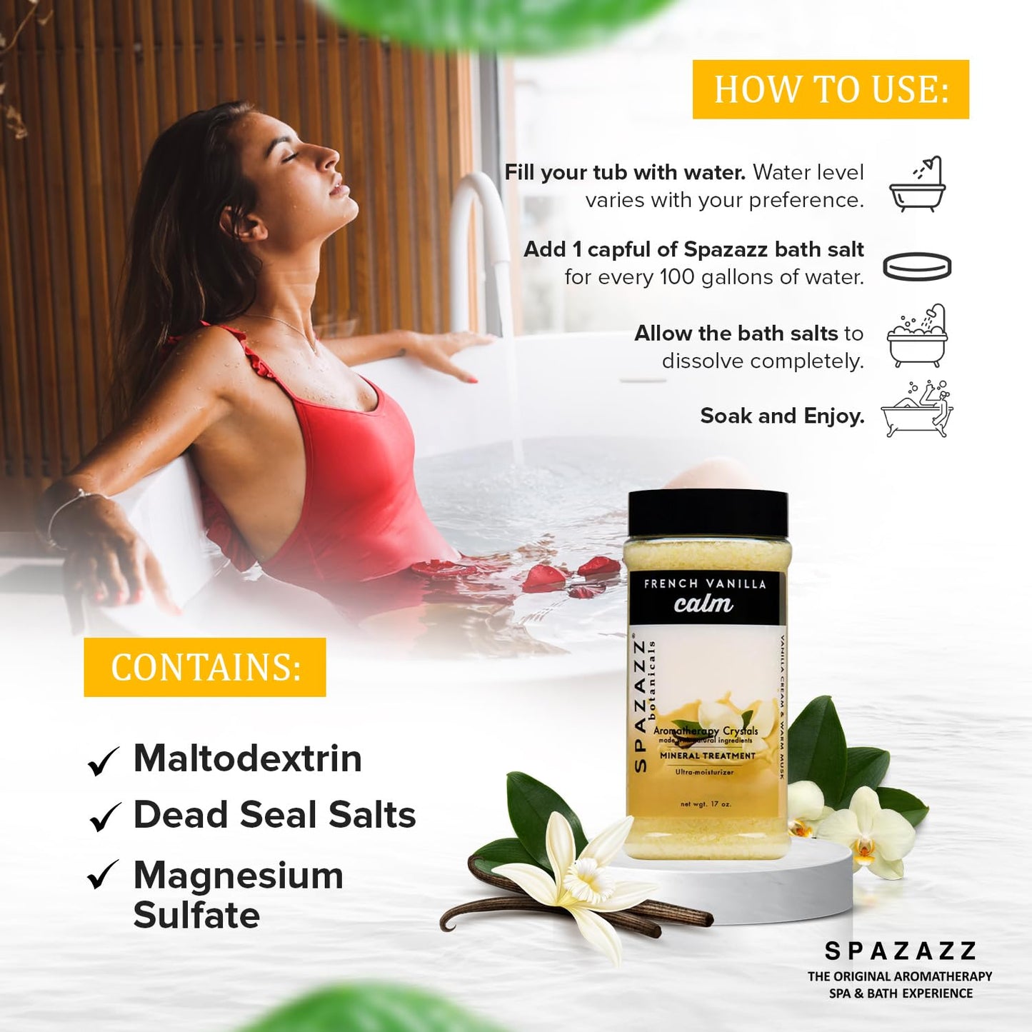 Spazazz Botanicals Aromatherapy Calm French Vanilla Spa and Bath Crystals 17 oz. Crystals and Bath Salts for Hot Tub and Bathtub Spa - Aromatherapy Beauty and Personal Care Spazazz