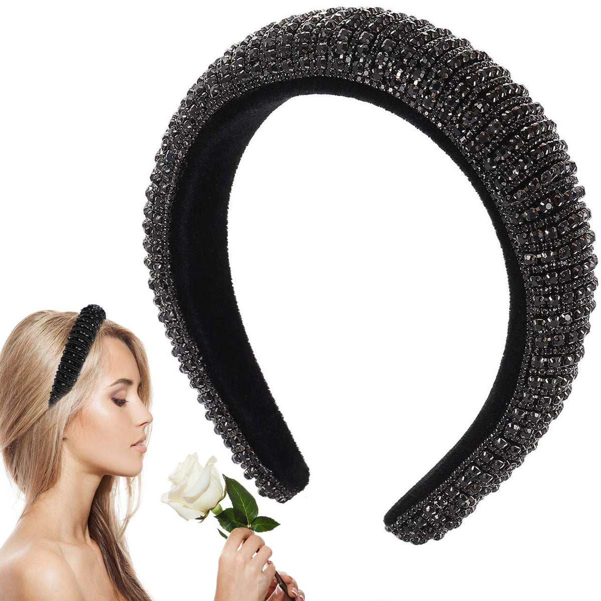 Women's Sparkling Bejewelled Crystal Diamond Headband Fashion Padded Velvet Fabric Wide Hairband Wedding Headpiece Party Durable Handmade Rhinestone