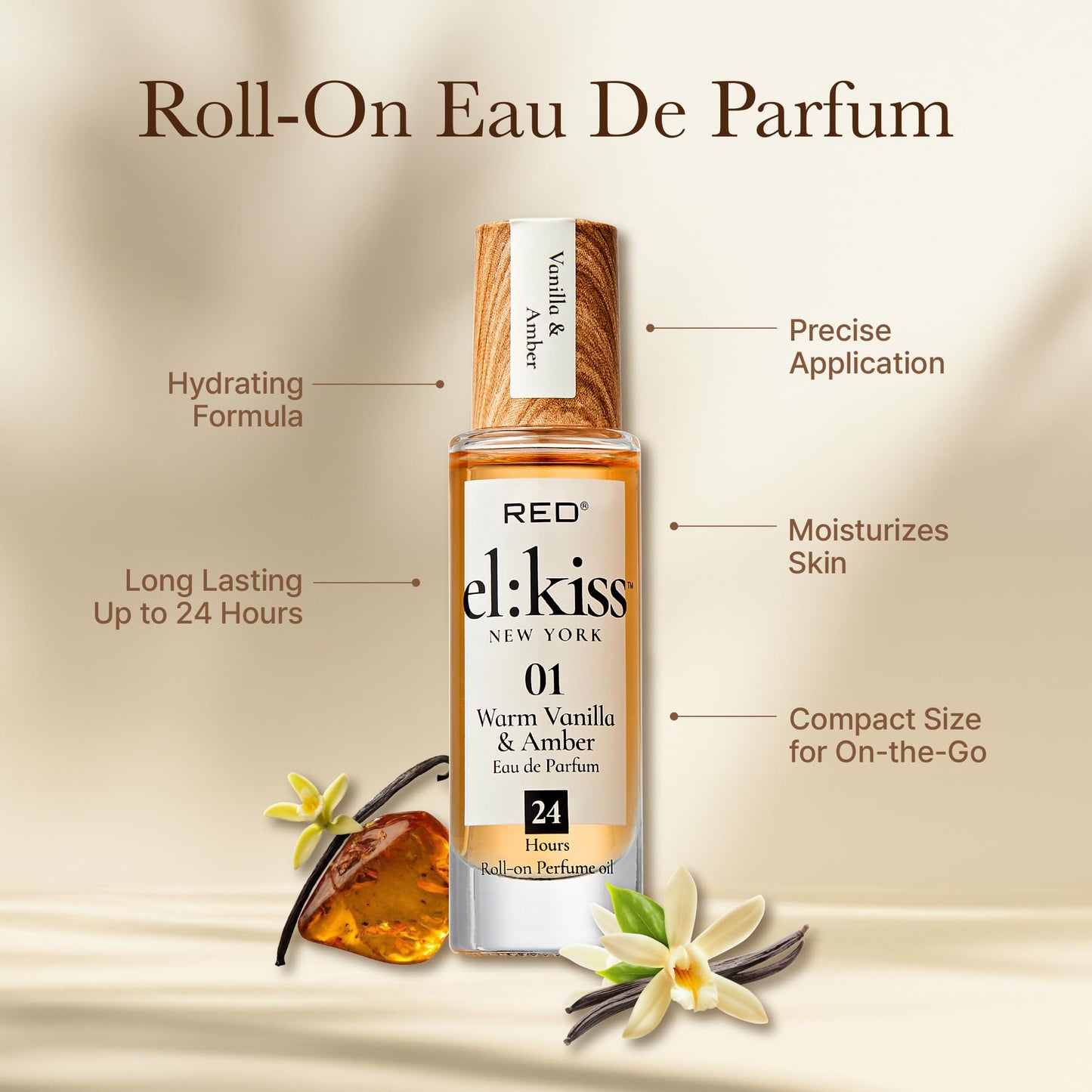 EL:KISS Roll On Perfume, Warm Vanilla & Amber Eau de Parfum 12mL (.40 Fl Oz), Hydrating & Long-Lasting, Alcohol-Free & Mineral Oil-Free, Infused Beauty & Personal Care EL:KISS