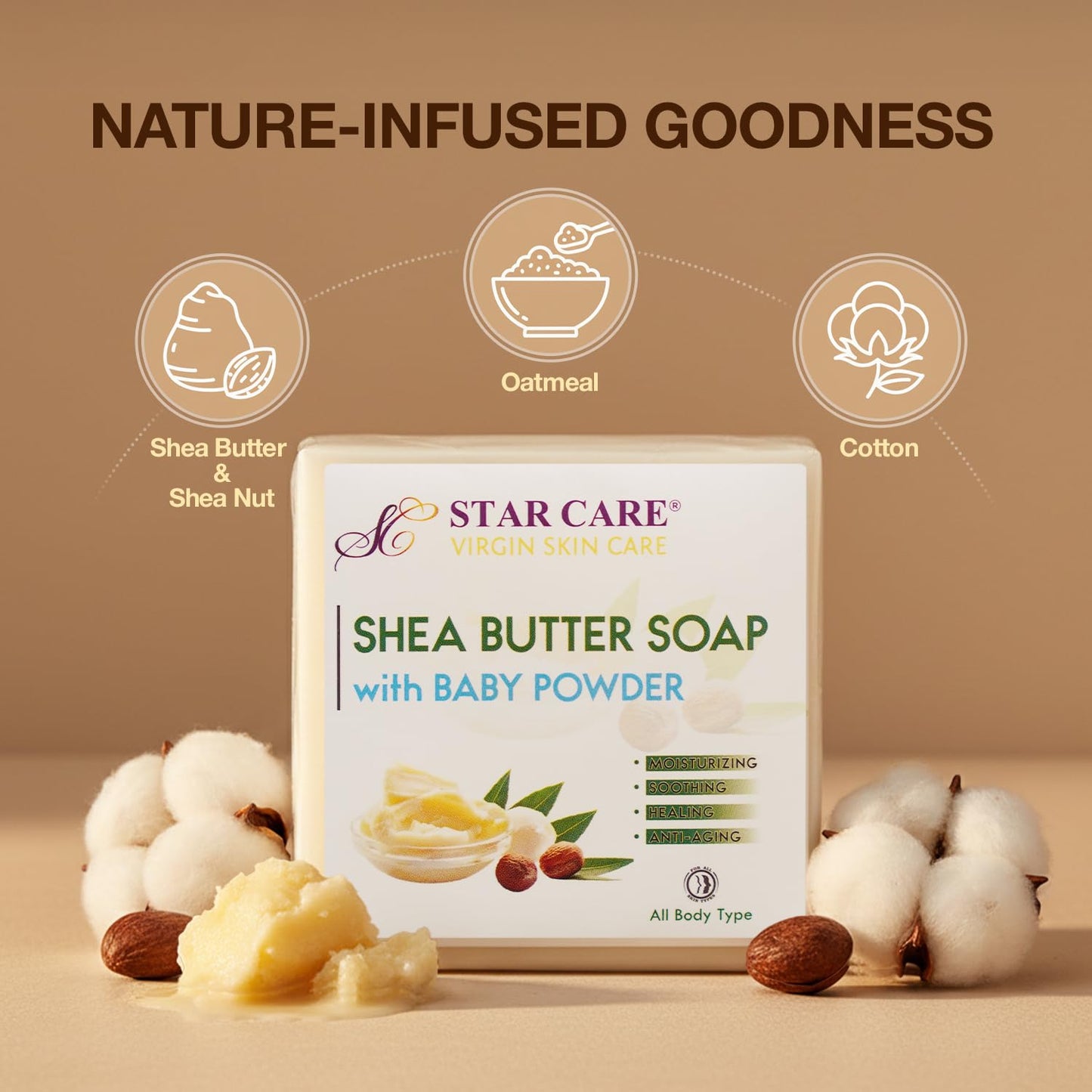 STAR CARE Shea Butter Soap with Baby Powder, Moisturizing & Soothing Cleansing Bar with Olive & Coconut Oil for Soft, Hydrated Skin (Baby Powder Beauty & Personal Care STAR CARE