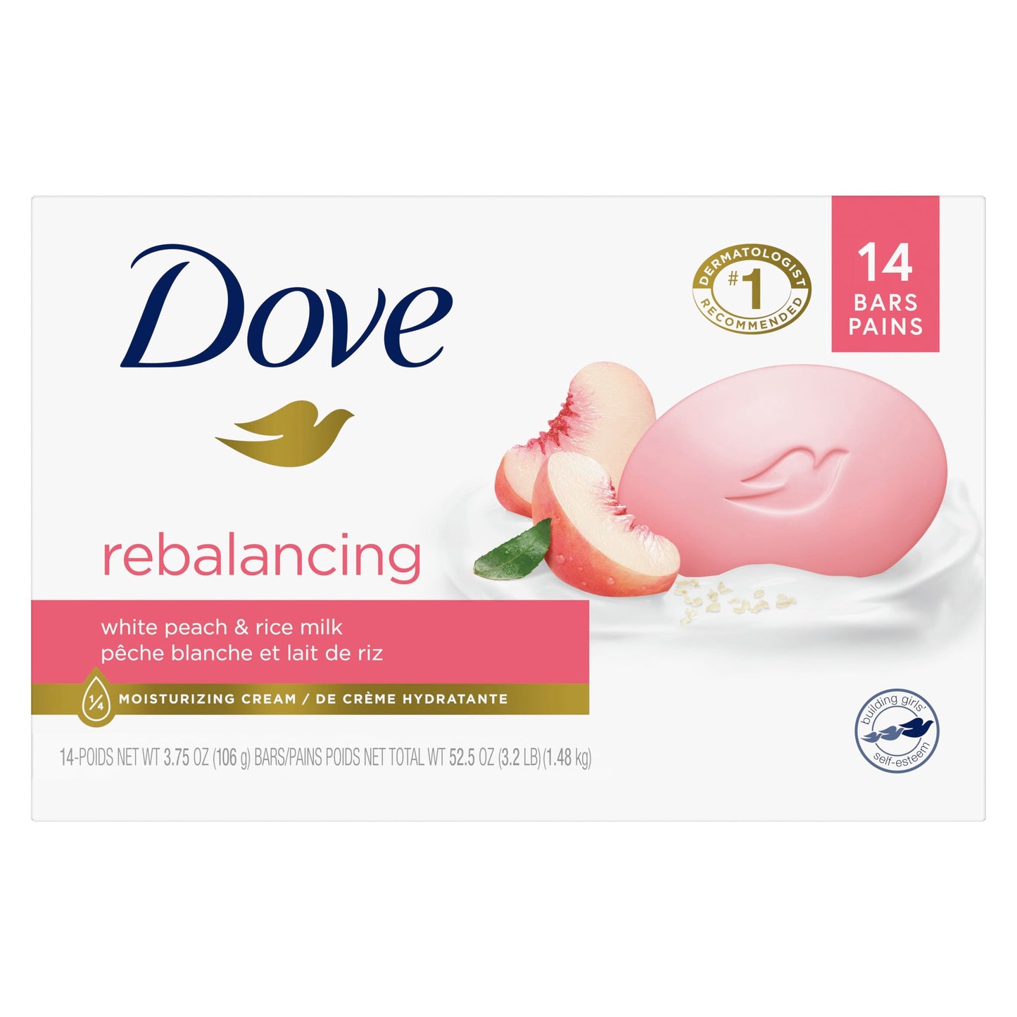 Dove Beauty Bar Soap Rebalancing White Peach & Rice Milk, 14 Count for a Nourished and Moisturized Skin, with ¼ Moisturizing Cream Plant-Based Beauty & Personal Care Dove