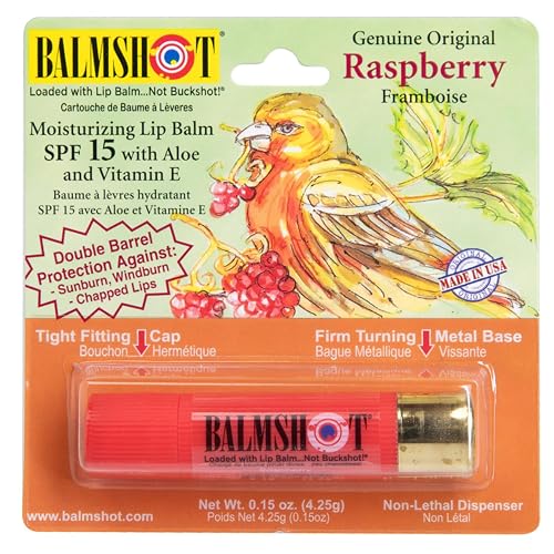 BALMSHOT Raspberry Lip Balm SPF 15 - Beeswax Chapstick for Dry Chapped Lips, 20-Gauge Brass Shotgun Shell Tube, Heat Resistant, Long Lasting Lip Beauty & Personal Care Balmshot