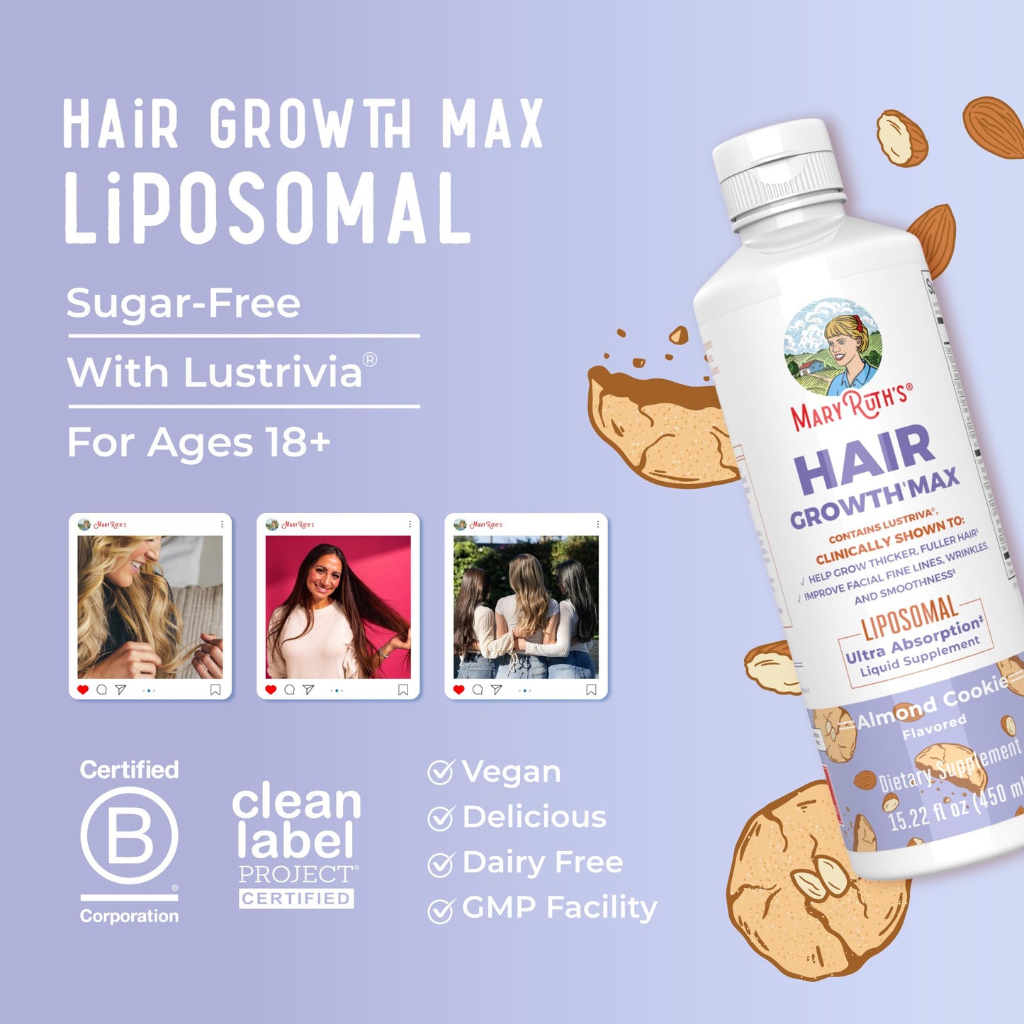 MaryRuth Organics Women's Hair Growth MAX Liposomal | with Lustriva® + Biotin 10000mcg + Pumpkin Seed Oil | Thicker Hair | Hair Care Beauty & Personal Care MaryRuth Organics