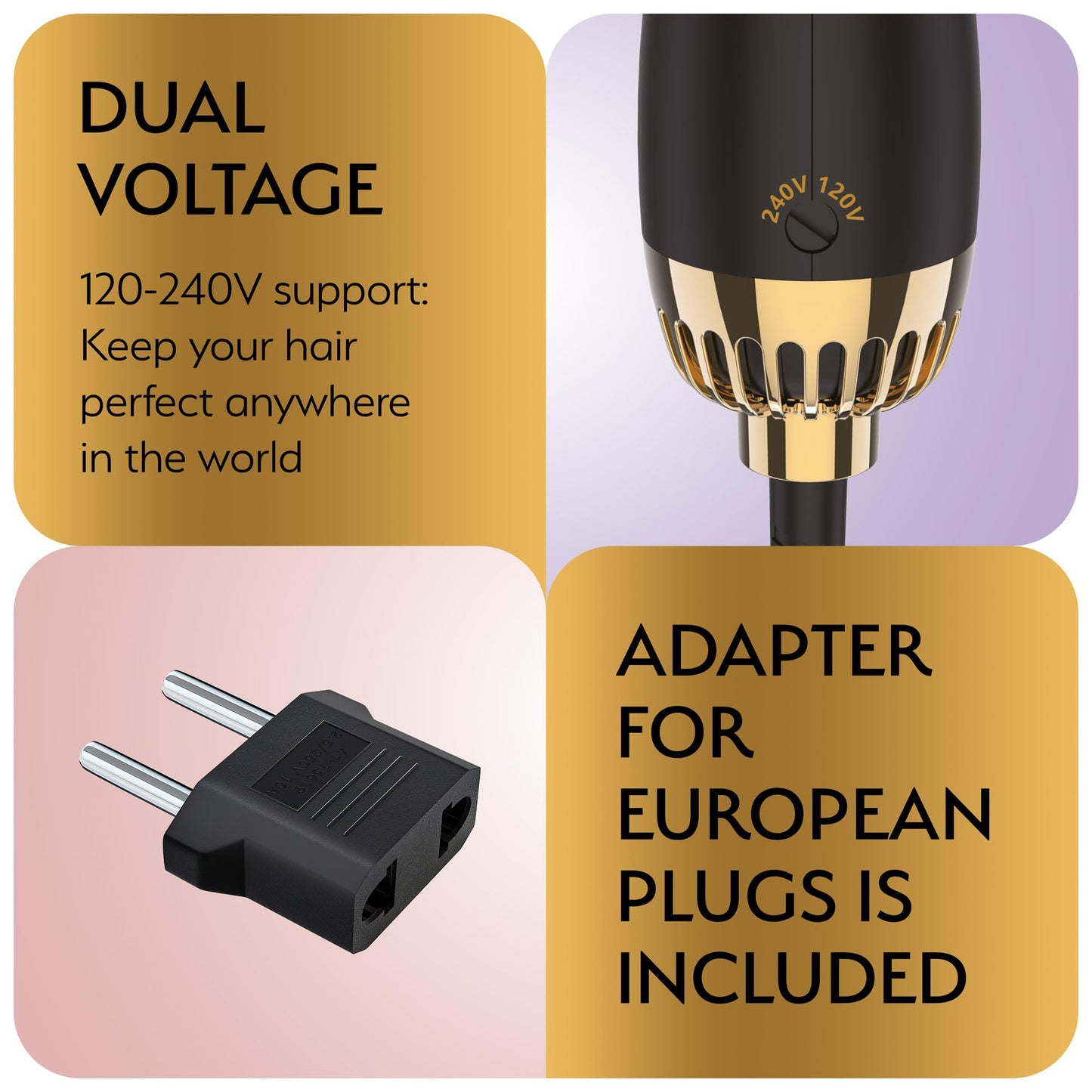 Manual Dual Voltage Blowout Hair Dryer Brush, Professional Hot Air Brush for European Travel 110V-120V/220V-240V, Black Gold Dryer and Volumizer Beauty & Personal Care OMOteam