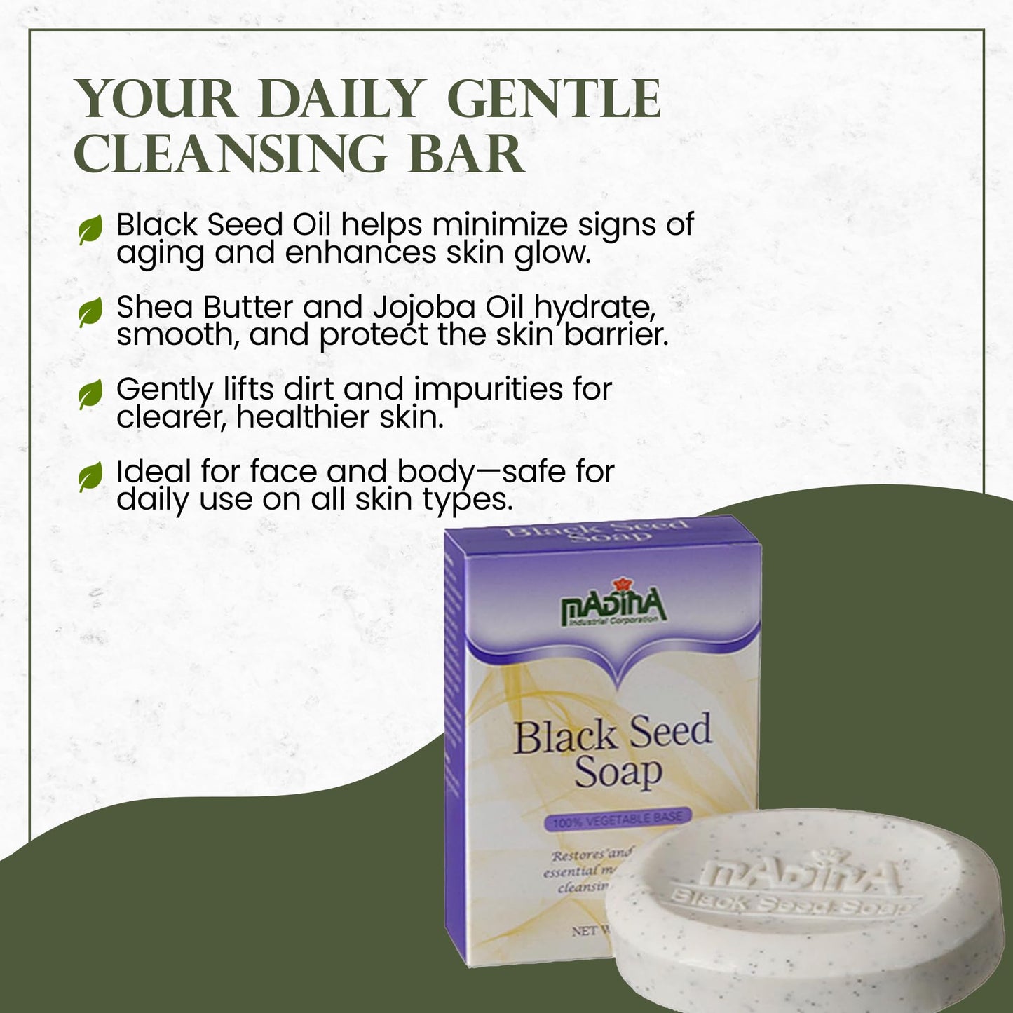 Madina Black Seed Soap Bar - Moisturizing, Anti-Aging, Deep Cleansing, Black Seed Oil, Shea Butter, Jojoba Oil, Plant-Based, Gentle Face & Body Beauty & Personal Care Madina
