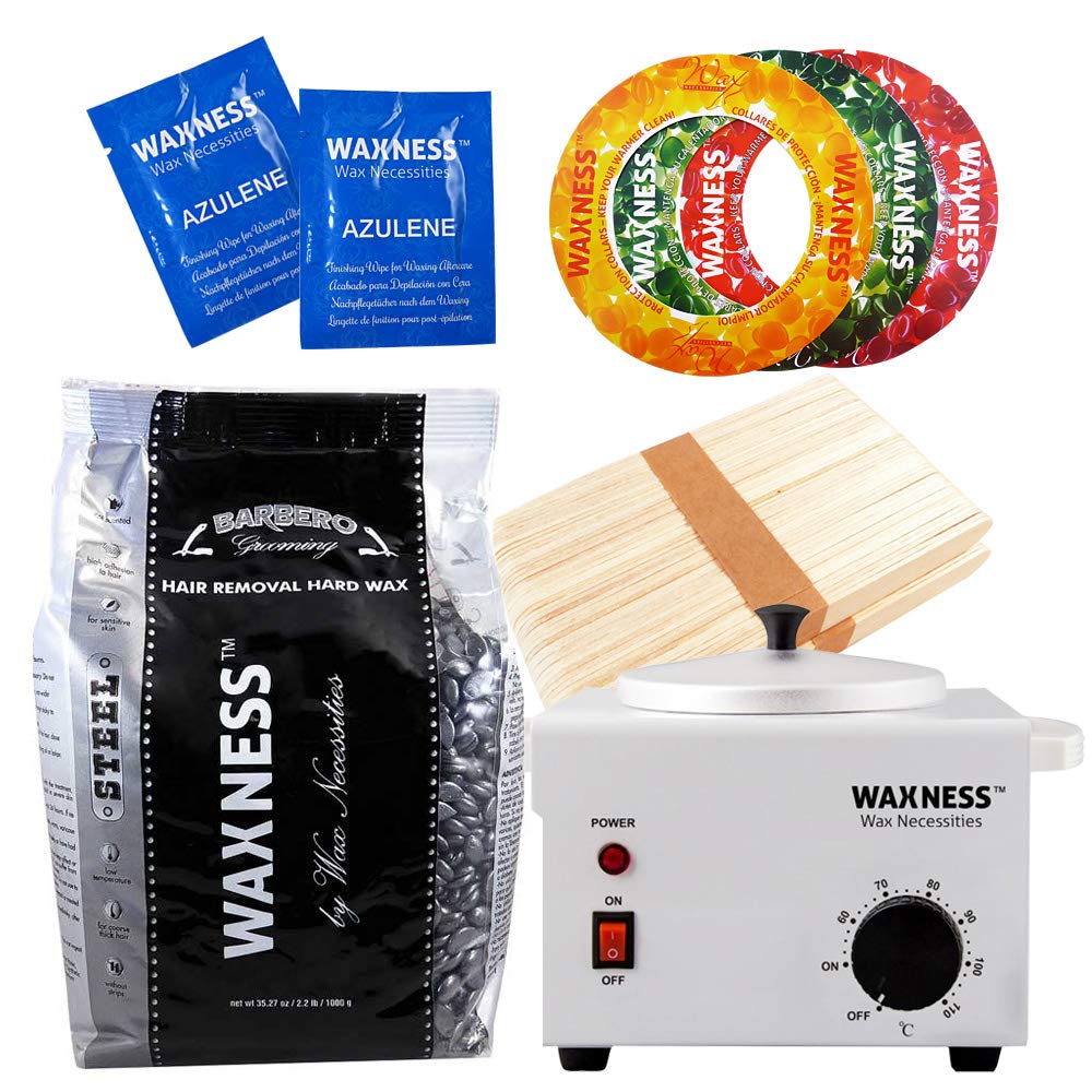 Barbero Stripless All-in-One Hard Wax Kit with Metallic Heater, 2 lb (900 g) Hard Wax Beads, 100 Applicators & Collars - Professional Wax Removal Beauty and Personal Care Waxness