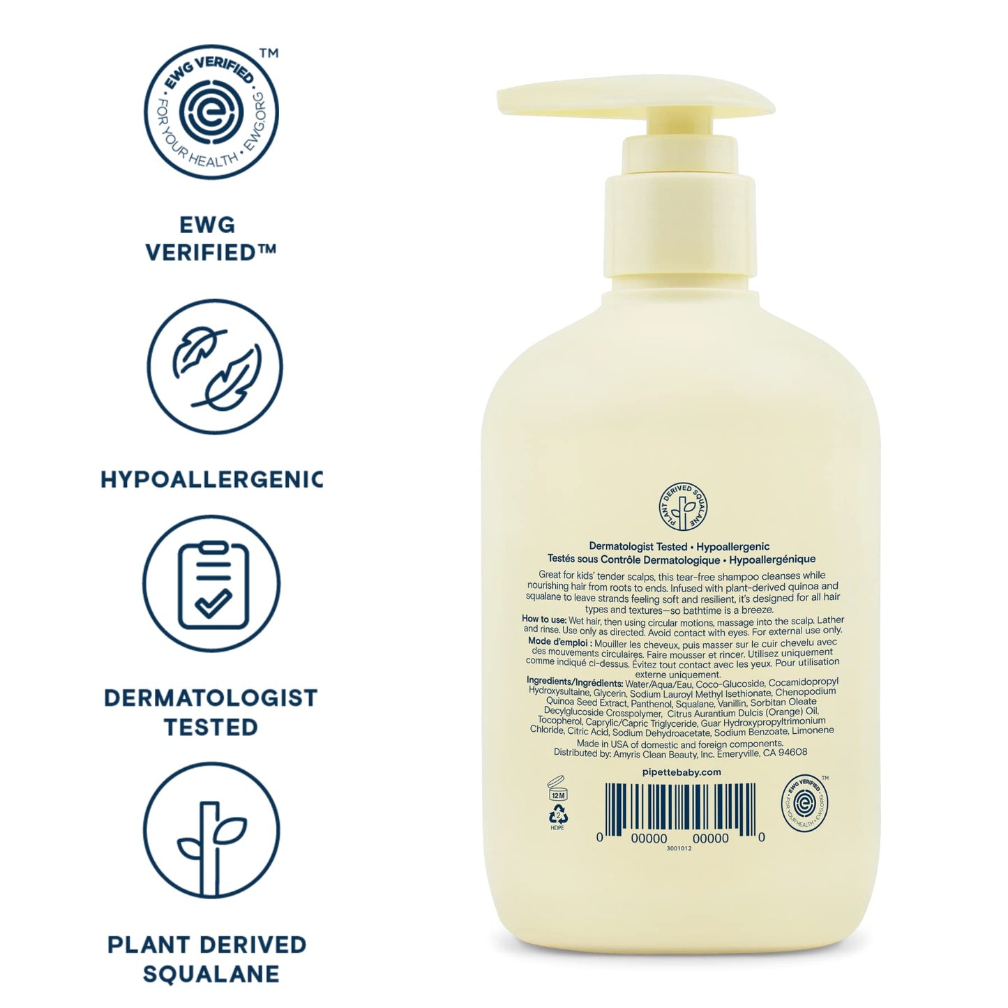 Pipette Daily Nourishing Shampoo - Tear Free Shampoo for Kids, Adds Moisture, 100% Plant-Derived Squalane and Quinoa, Orange + Vanilla Aroma, 11.2 fl Beauty & Personal Care Pipette