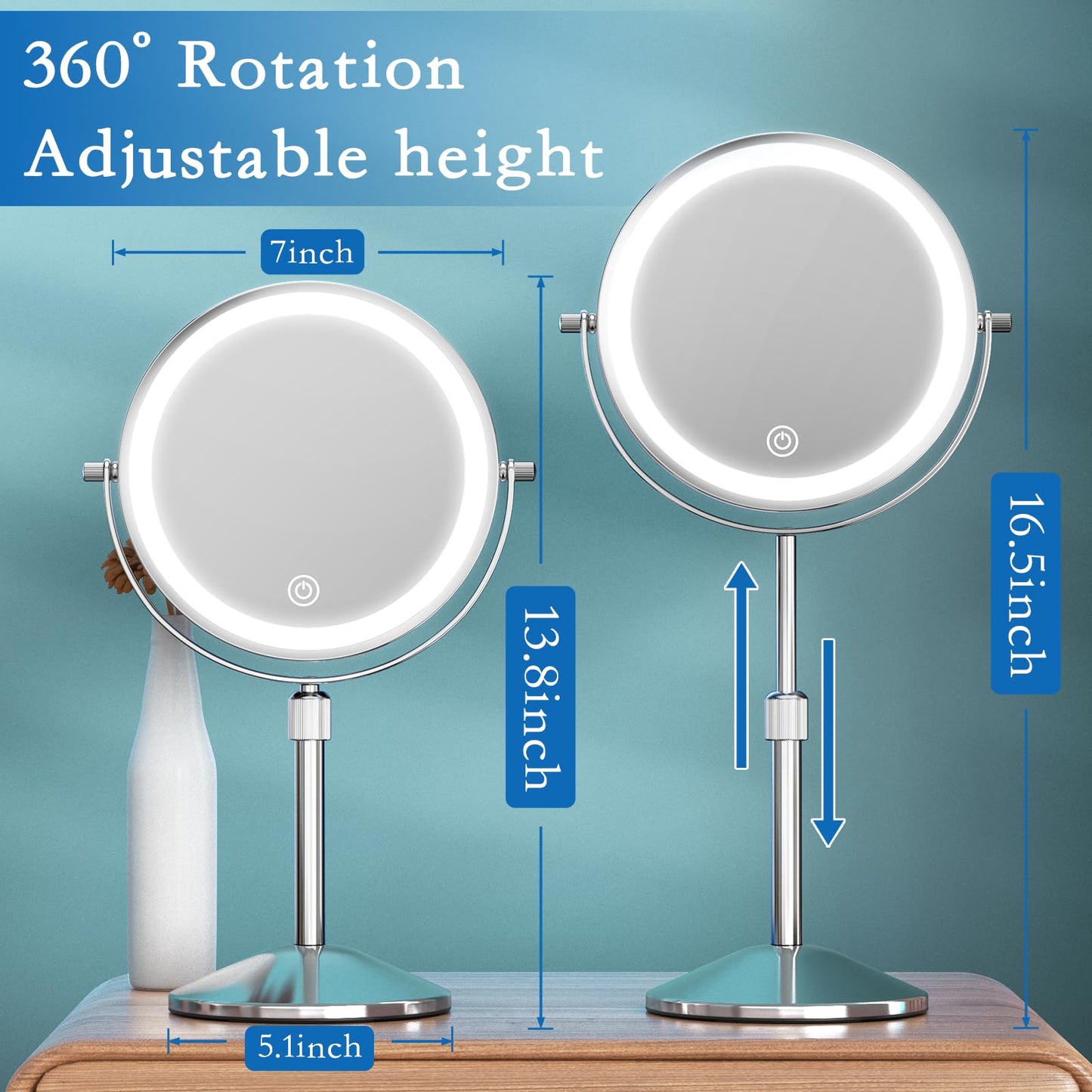 Niuphia Vanity Mirror with Lights 7" Rechargeable 1x/10x Lighted Makeup Mirror Adjustable Height Double Sided Mirror with Lights 360°Rotating Makeup Beauty & Personal Care Niuphia