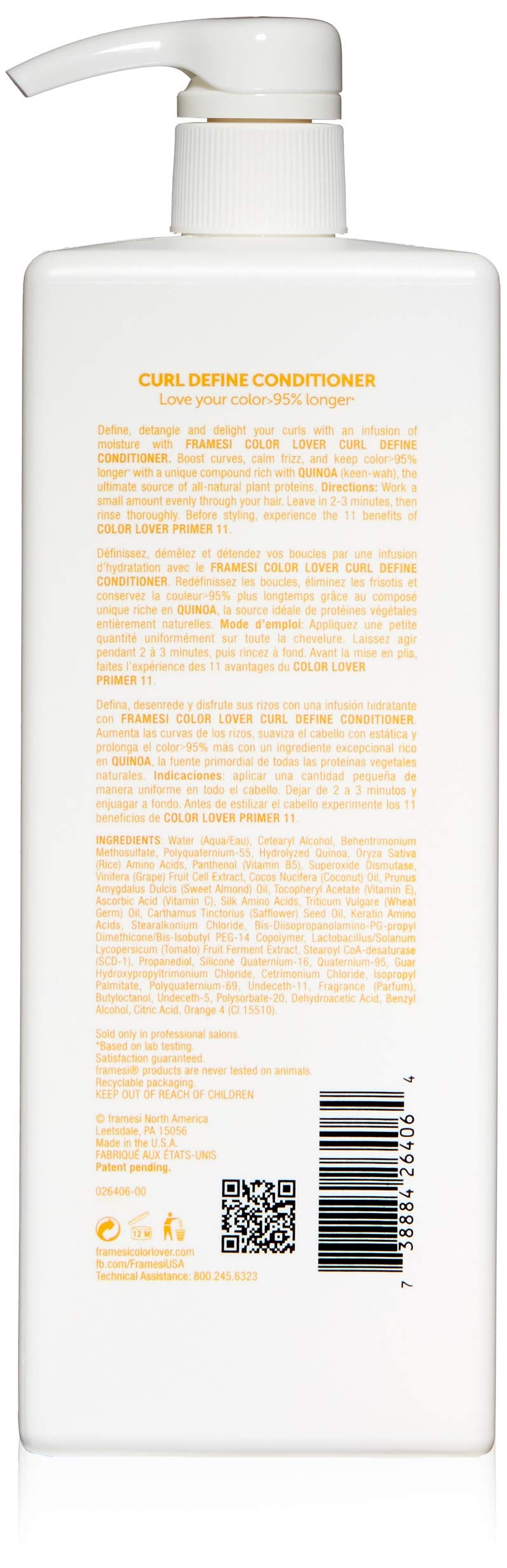 Framesi Color Lover Curl Define Conditioner, Conditioner for Curly Hair with Quinoa, Color Treated Hair Beauty & Personal Care FRAMESI