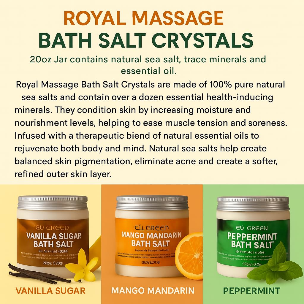 Royal Massage EÜ-Green Bath Salt - Aromatherapy Soak for Relaxation & Muscle Relief - Skin Softening, Natural Mineral Formula - 20oz Jar (Set of 3 Beauty and Personal Care Royal Massage