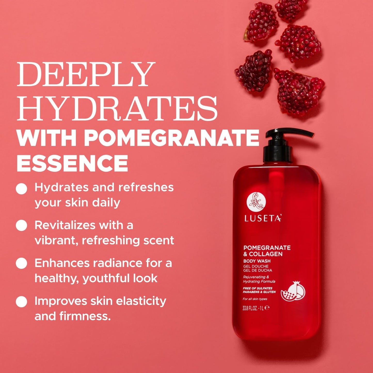 Luseta Pomegranate & Collagen Body Wash Rejuvenating Shower Gel Body Cleanser for All Skin Types Moisturizing and Hydrating Dry Skin 33.8oz Beauty & Personal Care L LUSETA