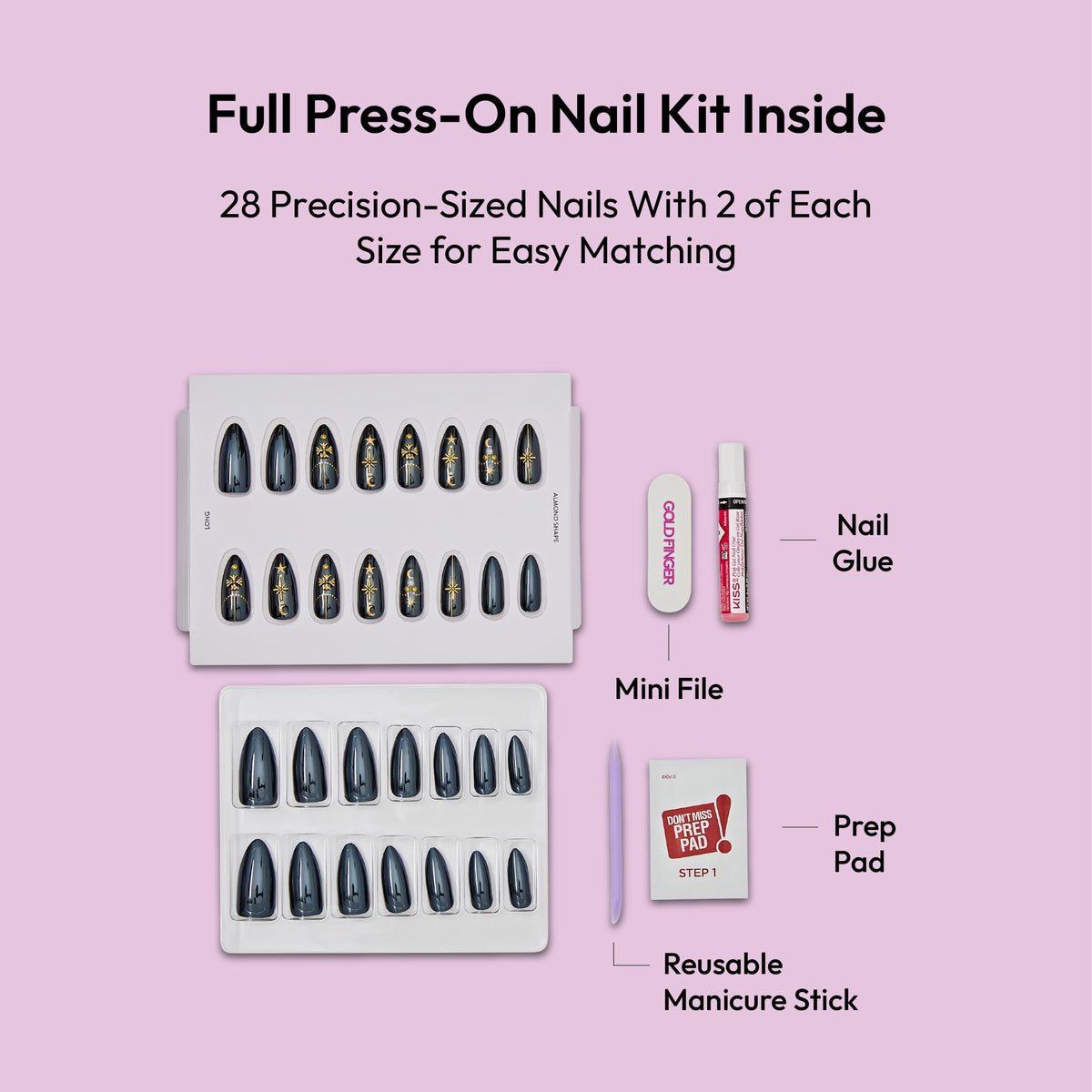 Glitzy 3D Handmade Press On Nail Kit, Rhinestone Gem Black Chrome Long Almond False Nail, Reusable & Lasts Up To 2 Weeks, Seamless Snug Fit