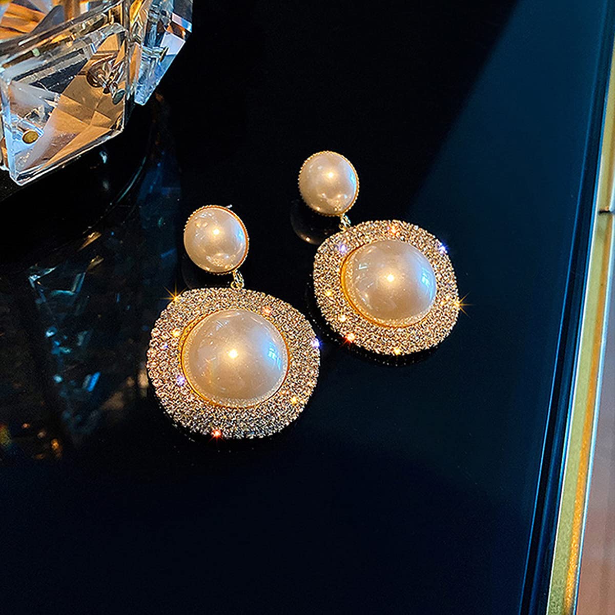 Xerling Bling Rhinestone Pearl Button Stud Earrings for Women Shiny Statement Pearl Dangle Bridal Earrings for Wedding Prom Party Beauty & Personal Care Xerling