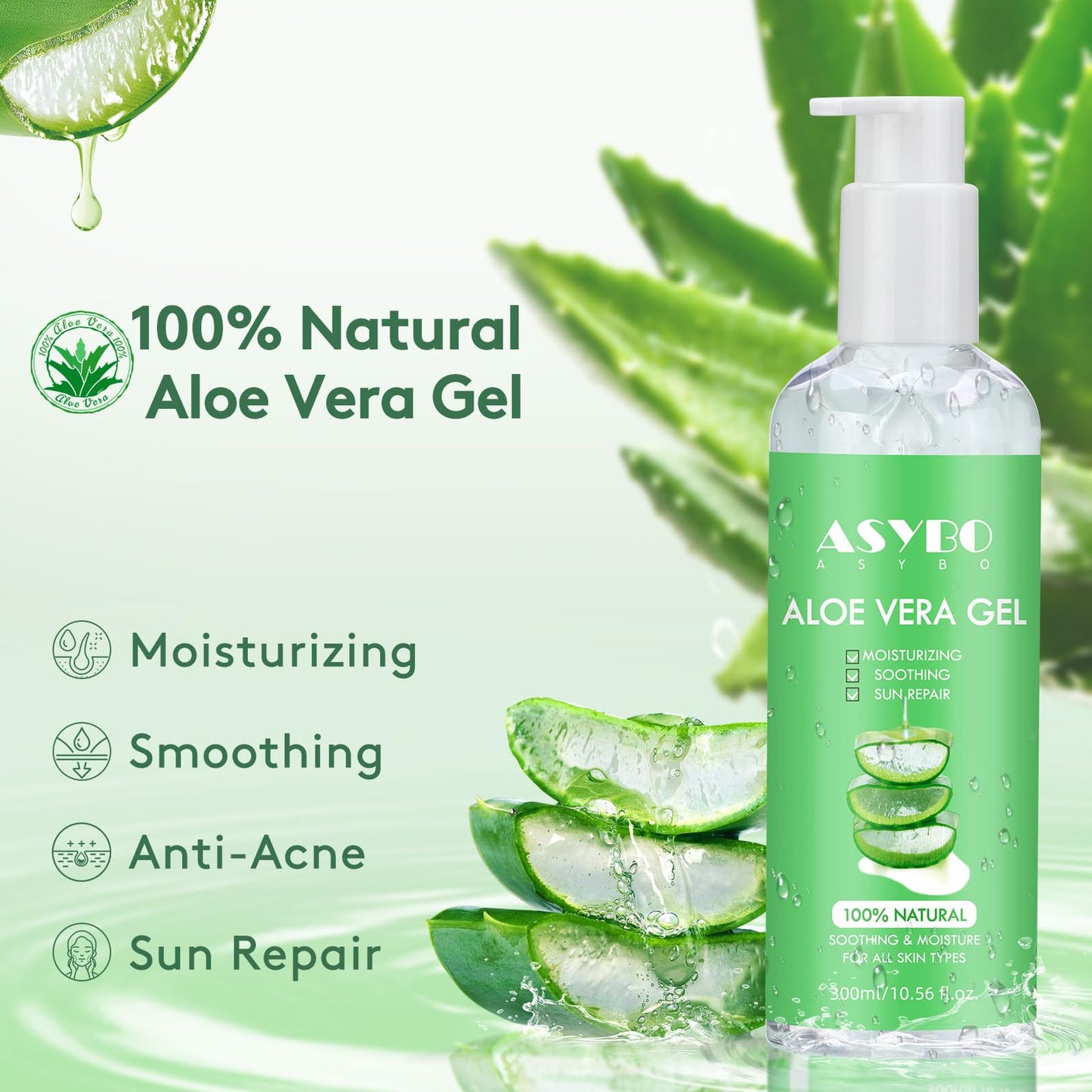 ASYBO 300 ml Aloe Vera Gel, 100% Natural Pure Aloe Vera Hydrating Facial Cream, Soothing & Moisturizing, After Sun Care, Reduce Acne, Repair Scars Beauty & Personal Care ASYBO