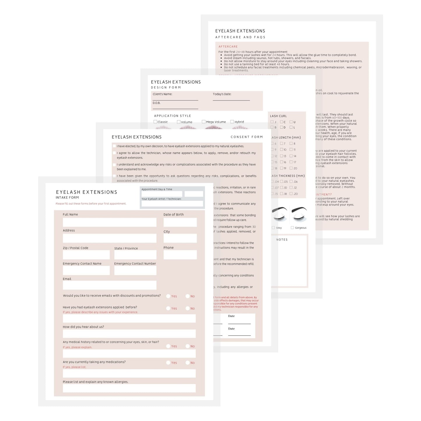 Lash Extension Eyelash Consent, Intake, Aftercare forms with Mapping | 100 Pack | 25 of each Consent, Intake, Aftercare, and Mapping Forms for Lash Beauty & Personal Care Lashicorn