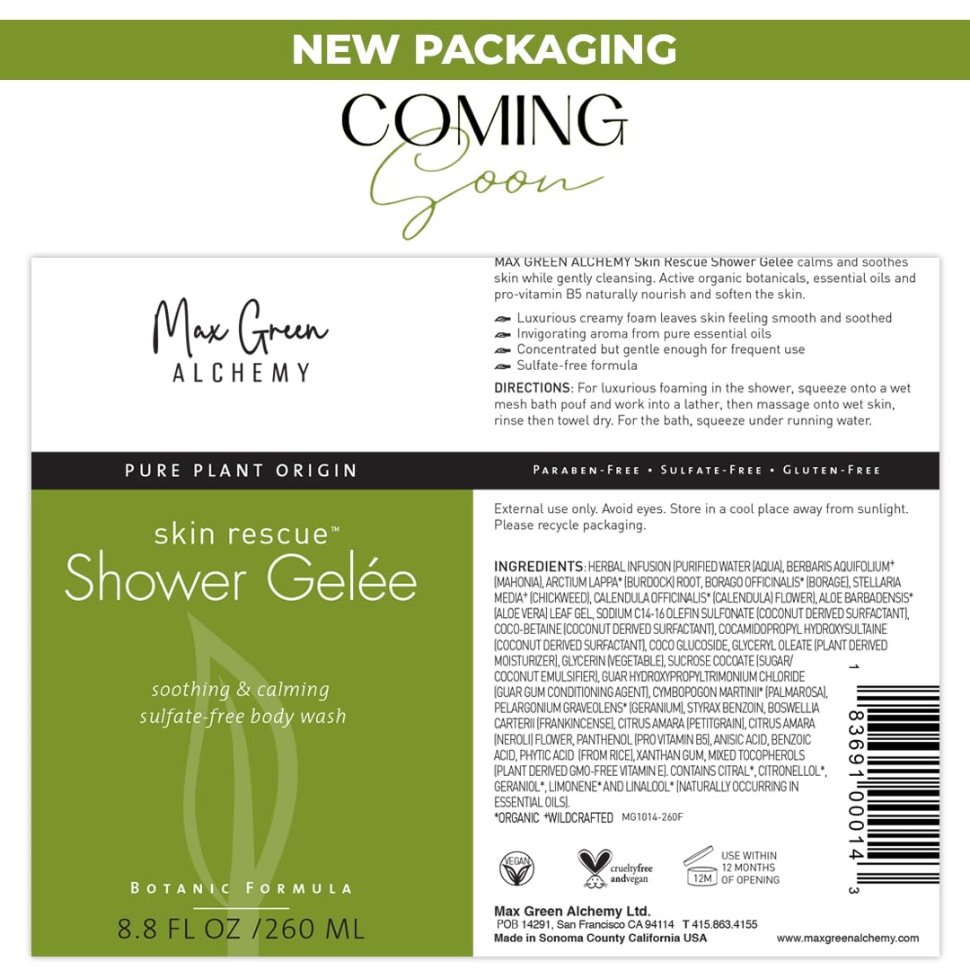 MGA Vegan Shower Gel - Rescue & Moisturizing Body Wash for Skin Care | Natural & Organic Formula with Essential Oils & Skin Friendly pH | Sulfate free Beauty & Personal Care Max Green Alchemy
