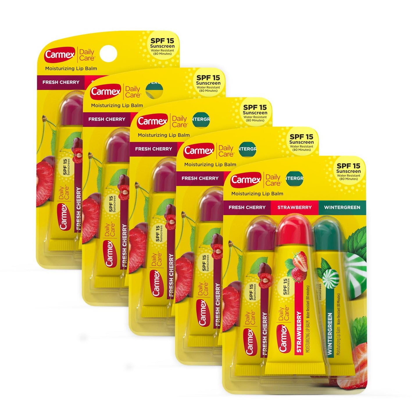 Carmex Daily Care Moisturizing Lip Balm Tubes with SPF, Fresh Cherry, Strawberry and Wintergreen Lip Balm Pack, 0.35 OZ - (5 Packs of 3) Beauty & Personal Care Carmex