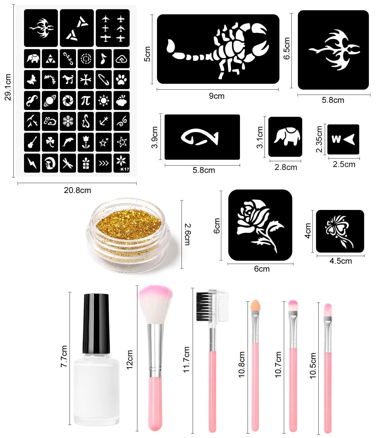 Temporary Glitter Tattoo Kit for Kids makeup,30 Body Glitter,3 Glitter Glue,5 Sheets Tattoos Stencil,5 Pcs Makeup Brush,6 Fluorescent Beauty & Personal Care DouborQ