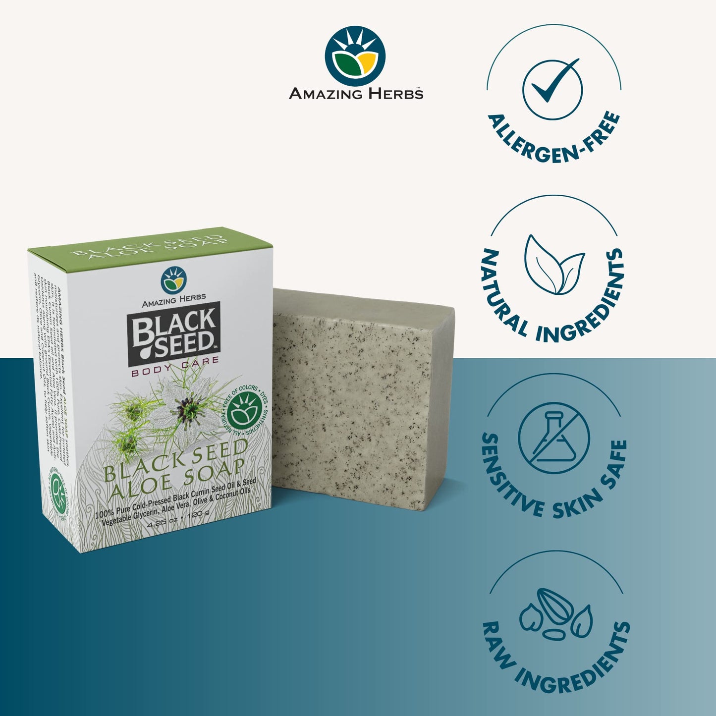 Amazing Herbs Black Seed Soap - 100% Pure Cold-Pressed Black Cumin Seed Oil, All Natural, Free of Colors, Dyes, & Fragrances - Black Seed Aleo Vera Beauty & Personal Care Amazing Herbs