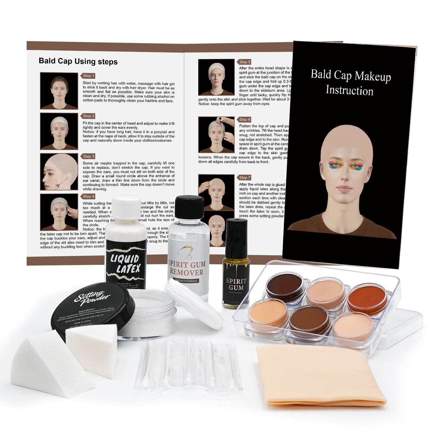 Bald Cap Halloween Makeup Kit for Men & Woman, Complete Bald Cap Costume Character Set , SFX Makeup Kit, Professional Realistic Bald Cap Kits Beauty & Personal Care Js2U ZW