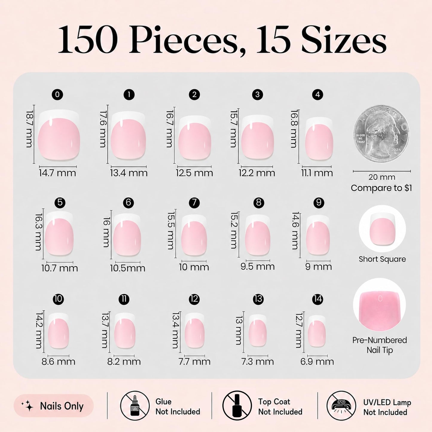 Beetles French Tips Press On Nails: 150 Pcs Pink Short Square Press On Nails Fake Nail Tips, Reusable Acrylic Gel Nail False Nails Art DIY Gifts Beauty and Personal Care beetles Gel Polish