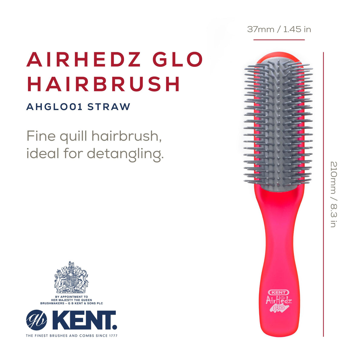 Kent AHGLO01 Airhedz Glo Red Half Round Narrow Detangling Hair Brush - 9 Row Ionic Anti Static Non Scratch Long Nylon Bristle Great for Detangling and