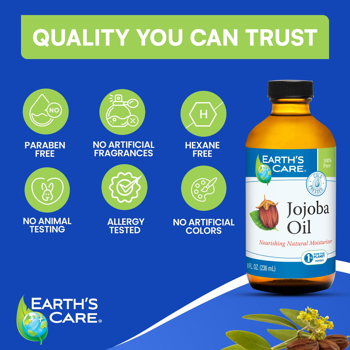 Earth's Care Jojoba Oil, 100% Pure, Unrefined & Cold Pressed, 8 FL OZ