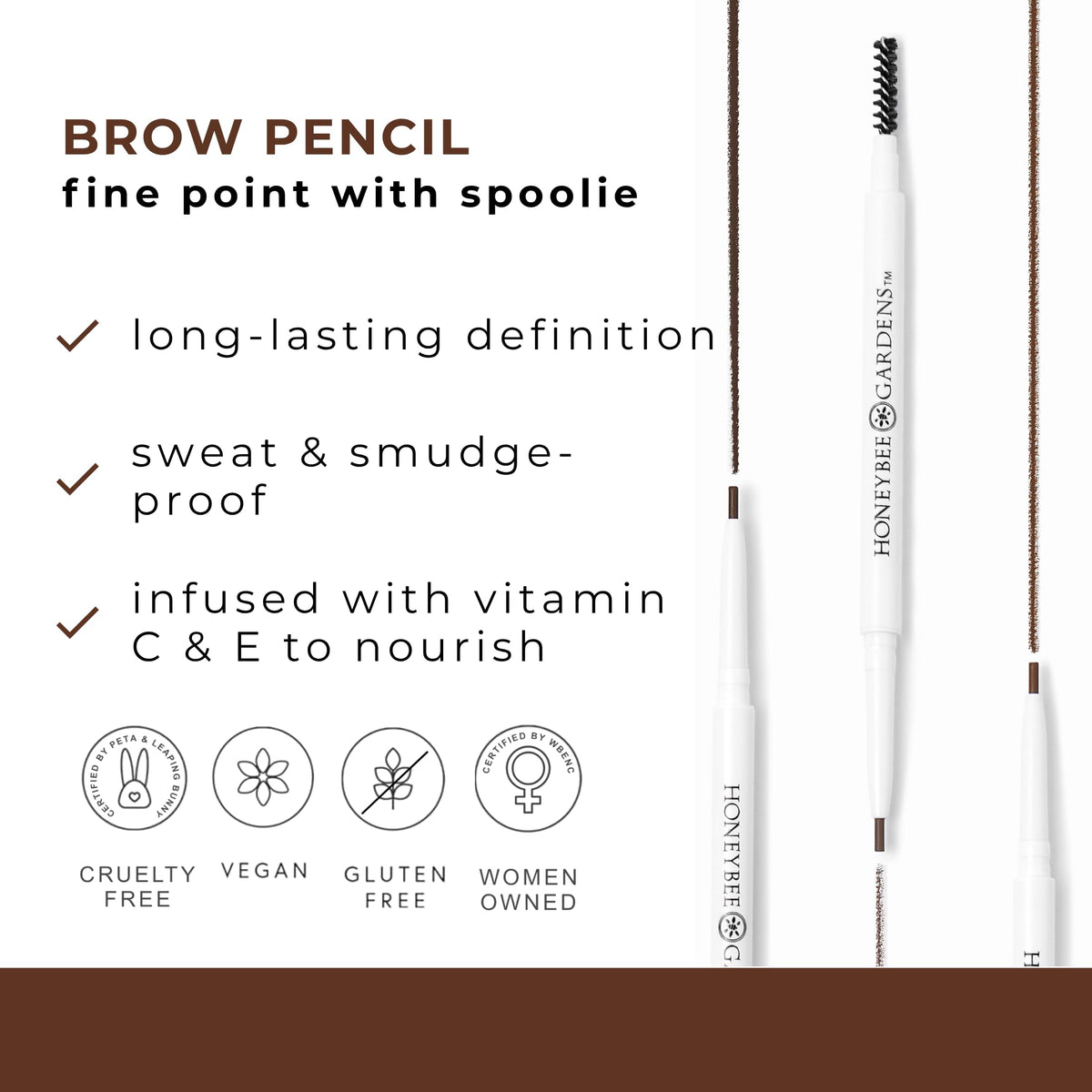 Honeybee Gardens Fine Point Brow Pencil, Walnut, Long-Lasting Eyebrow Definition, Vegan, Cruelty-Free Beauty
