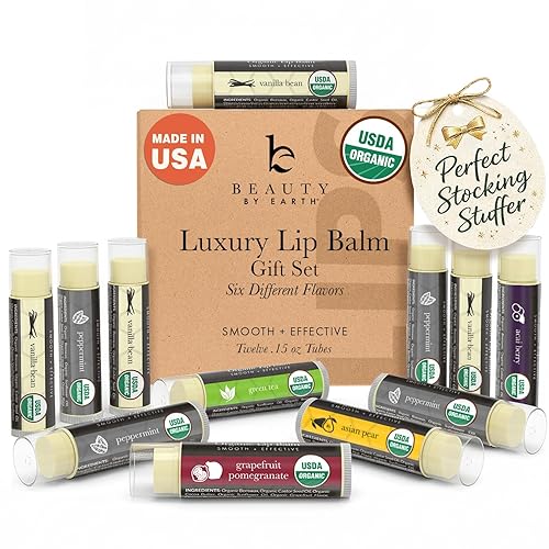 USDA Organic Lip Balm - USA Made with Natural Ingredients - 12-Pack (6 flavors) - Beeswax, Coconut Oil, Vitamin E - Moisturizing Chapstick for Dry Beauty & Personal Care Beauty by Earth