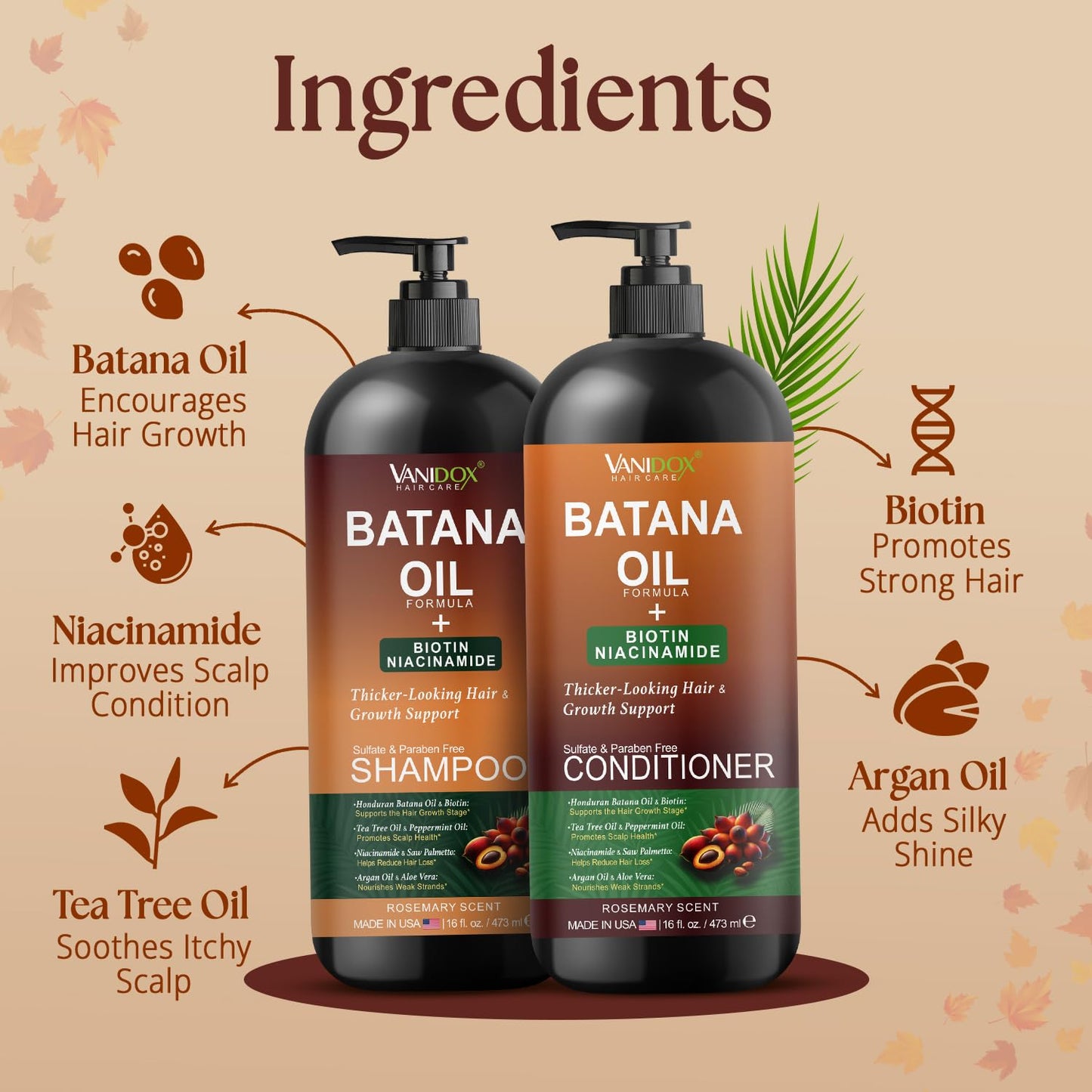 VANIDOX Batana Oil Shampoo and Conditioner Set - Biotin & Niacinamide Infused - Sulfate-Free, Paraben-Free - Moisturizing & Strengthening Hair Care Beauty & Personal Care VANIDOX