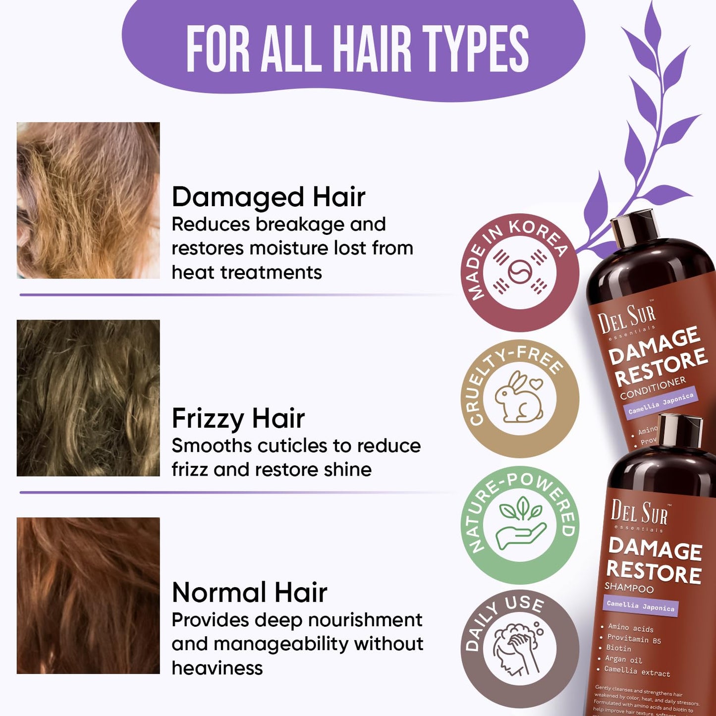 DEL SUR Hair Repair Shampoo and Conditioner Set | 16 fl oz Each | with Camellia Japonica, Amino Acids, Biotin & Argan Oil | Moisturizing Strength Beauty & Personal Care DEL SUR