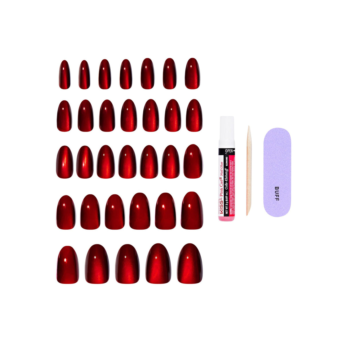 Kiss Core, Press On Nails, Nail glue included, 'Apple Blossom', Red, Medium Size, Almond Shape, Includes 32 Nails, 2g Glue, 1 Manicure Stick, 1 Mini