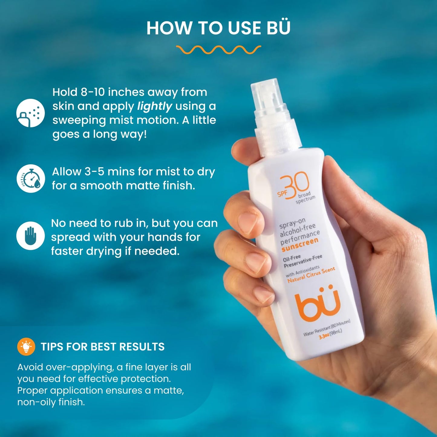 BU SPF 30 Sunscreen Spray for Face and Body, Non Aerosol Spray, Clear WOWmist, TSA Travel Size Sunblock, Oil Free and Water Resistant for Sensitive Beauty & Personal Care bü