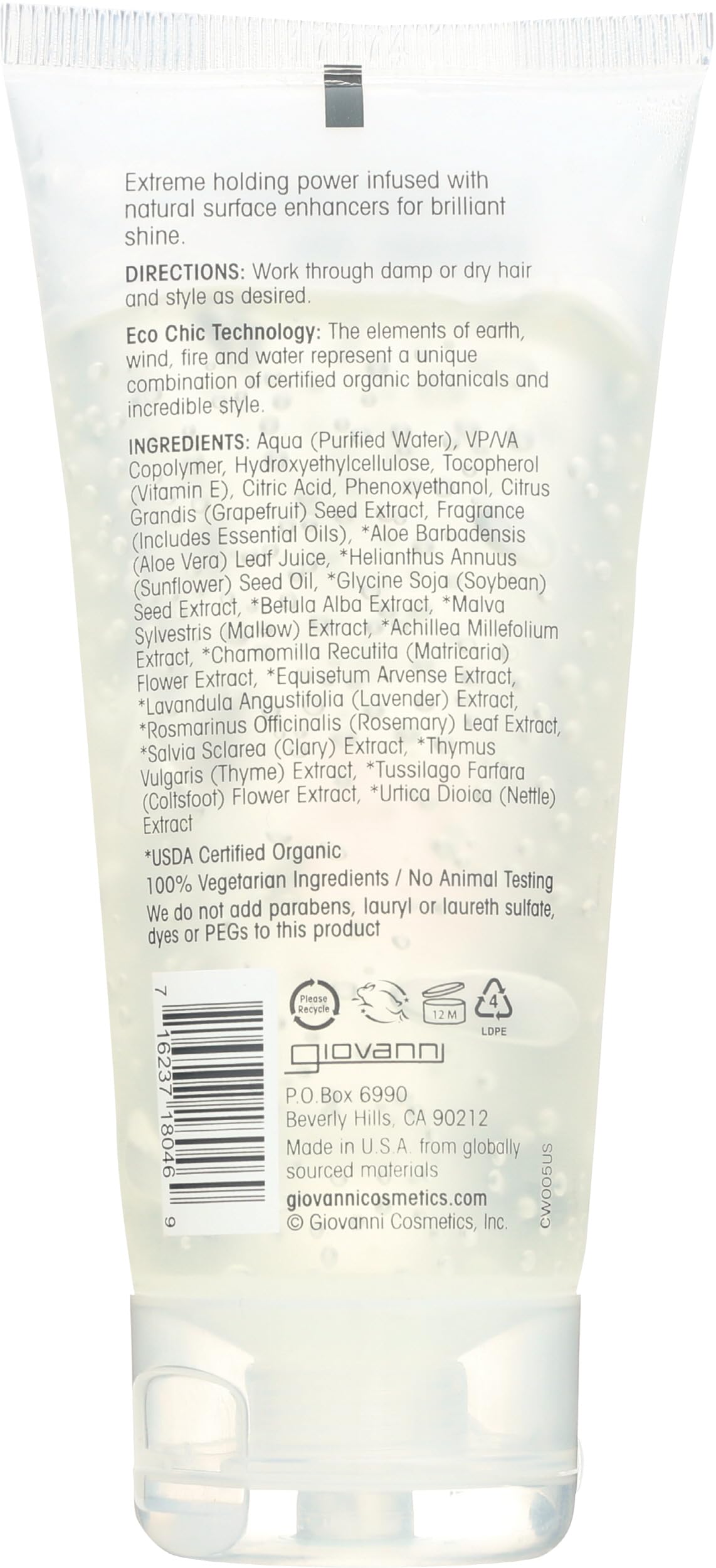 GIOVANNI COSMETICS L.A. Natural Styling Gel - Strong Hold, Eco Chic Technology, Grapefruit seed extract, Aloe Vera leaf juice, Vitamins & Minerals Beauty & Personal Care GIOVANNI