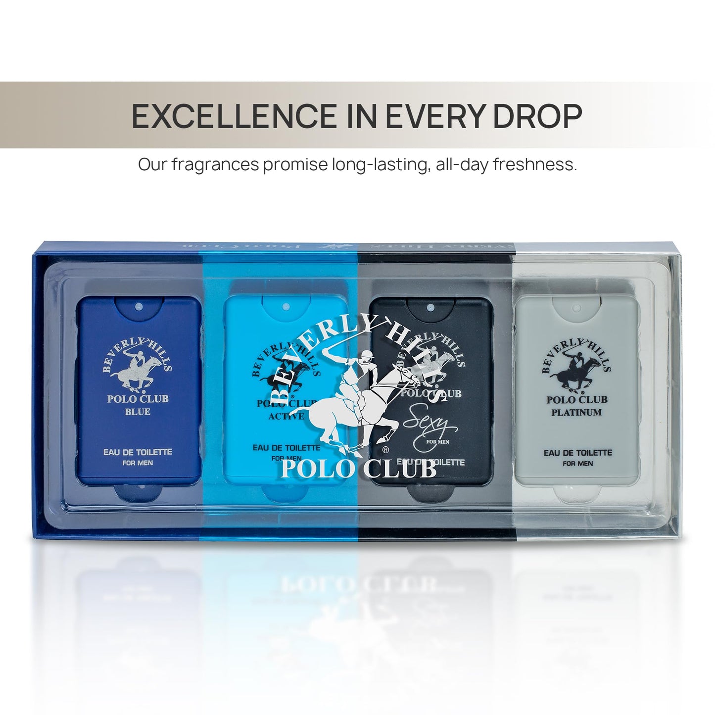 Beverly Hills Polo Club Men's 4-Piece Pocket Spray Set - Active, Sexy, Platinum, Blue EDT Collection Beauty & Personal Care Beverly Hills Polo Club