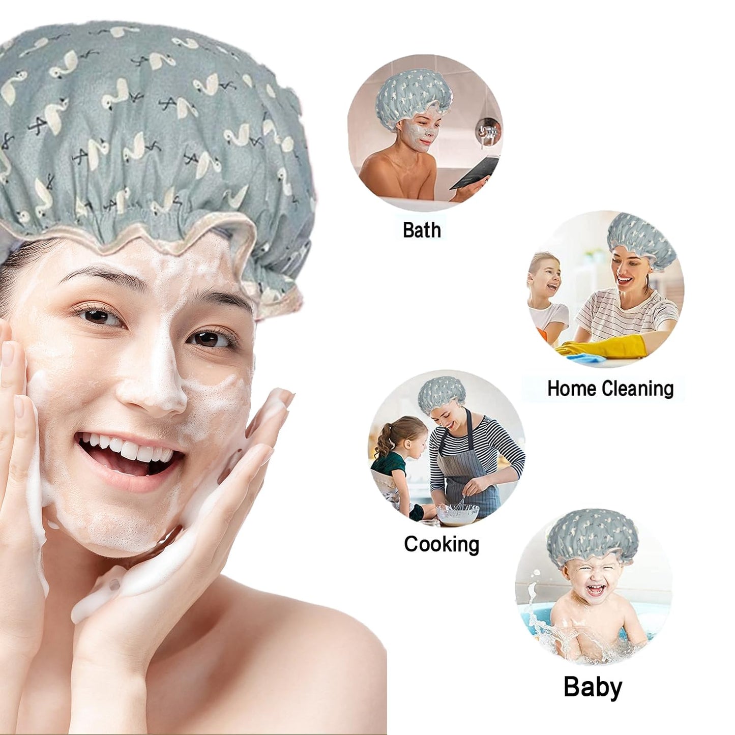Double Layer Shower Cap for Women Waterproof Reusable Elastic Band, Ruffled Edges Covering Ears for Long, Short & Curly Hair (Blue Bird) Beauty and Personal Care YUNYU