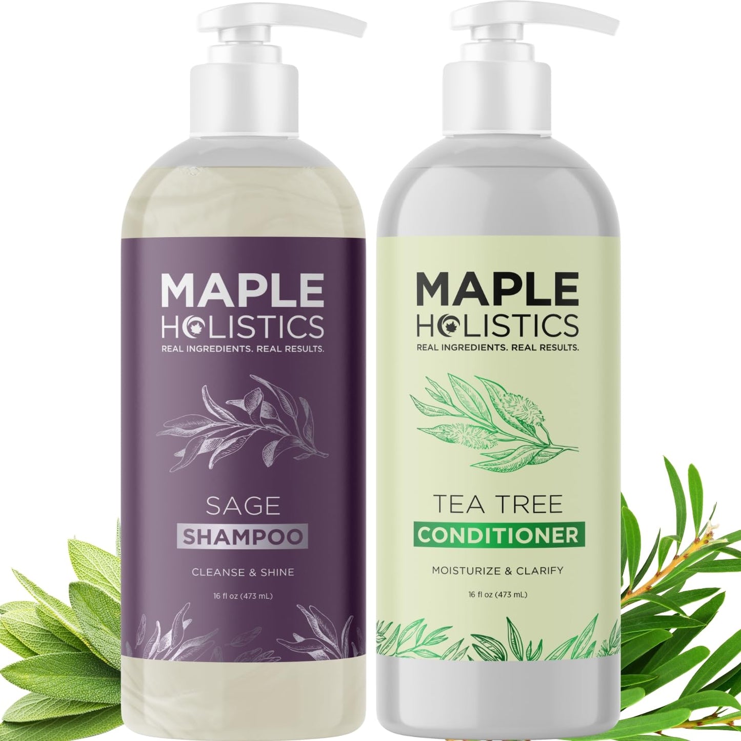 Sulfate Free Shampoo and Conditioner Set - Tea Tree Sage and Rosemary Shampoo and Conditioner for Dry Flaky Scalp Care - Deep Cleansing Color Safe Beauty & Personal Care Maple Holistics