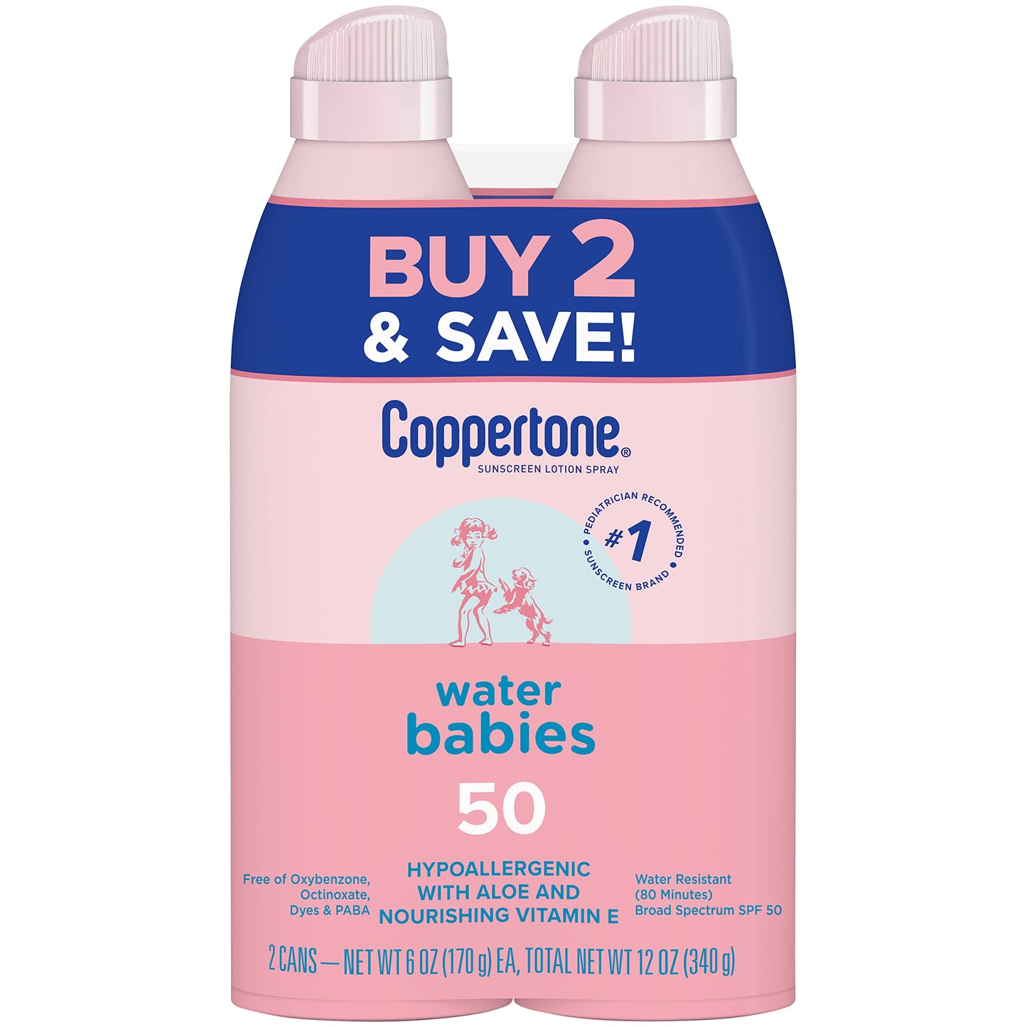 Coppertone WaterBabies Sunscreen Spray SPF 50, Spray On Sunscreen for Babies, Water Resistant, Pediatrician Recommended, 6 Oz, Pack of 2 Beauty & Personal Care Coppertone