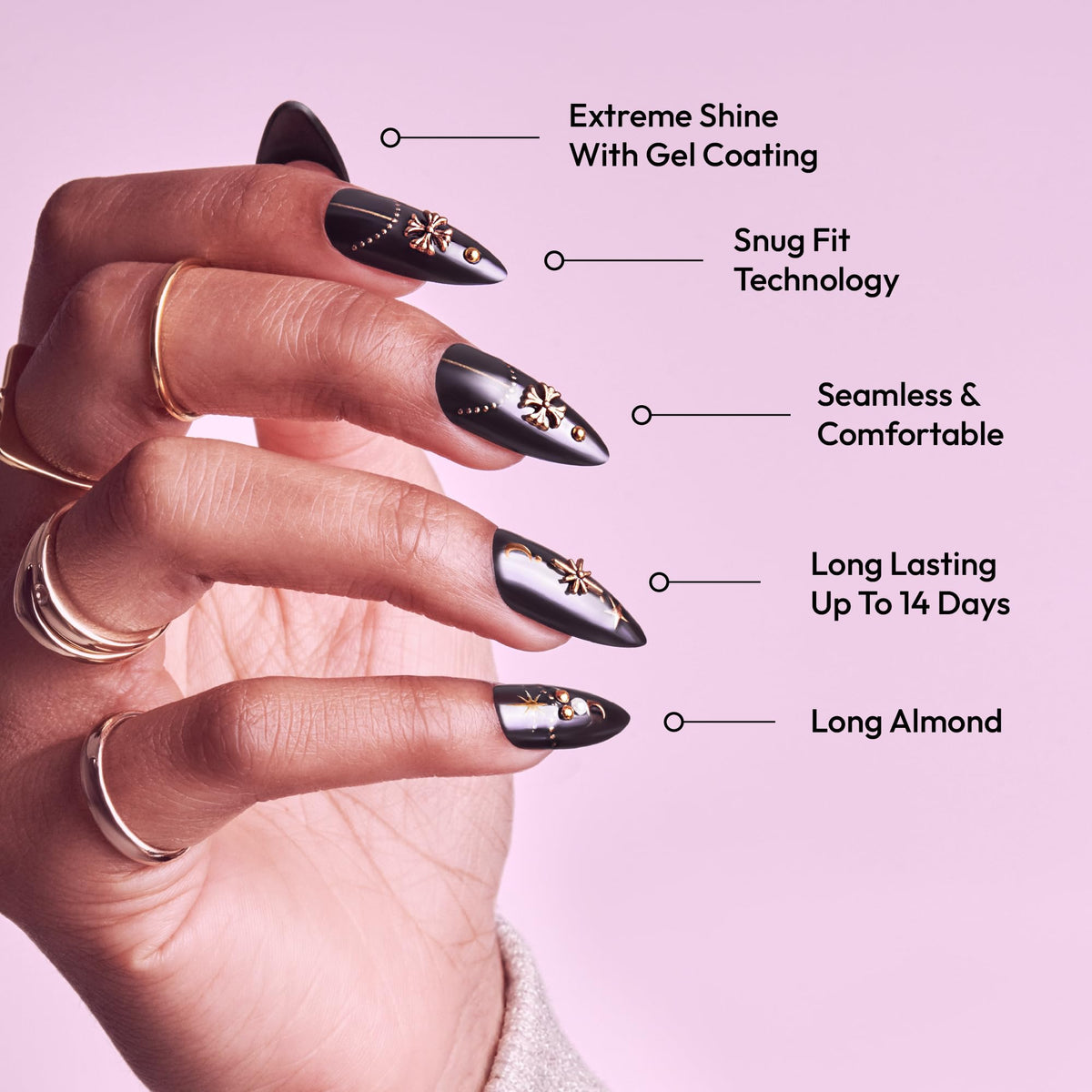 Glitzy 3D Handmade Press On Nail Kit, Rhinestone Gem Black Chrome Long Almond False Nail, Reusable & Lasts Up To 2 Weeks, Seamless Snug Fit