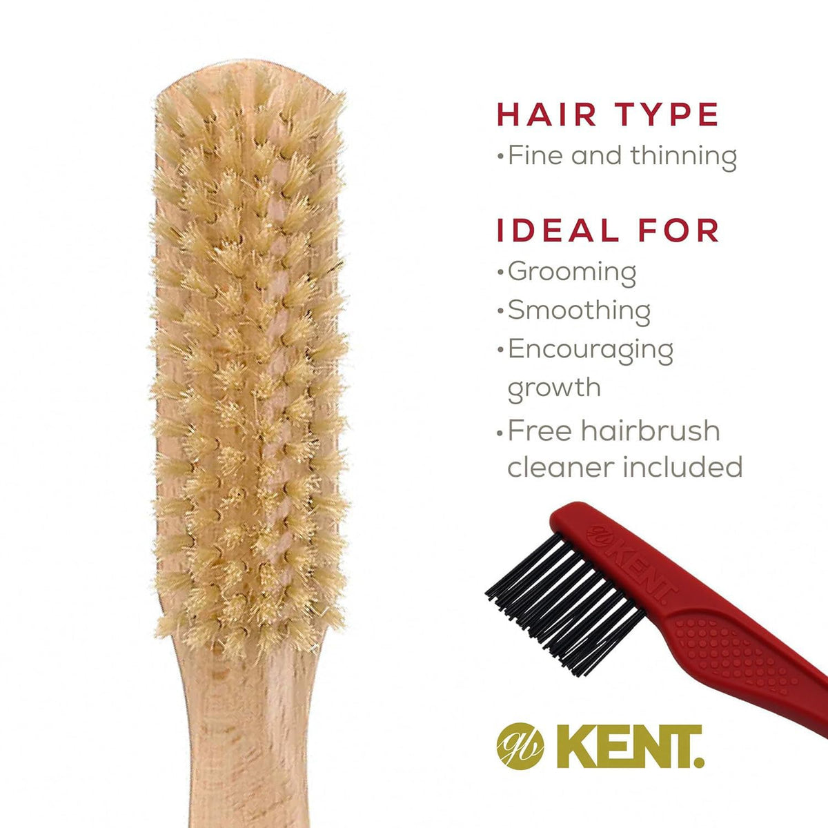 Kent LG3 Finest Hair Brushes for Women - Natural Beechwood and Boar Bristle Narrow Hairbrush for Fine or Medium Thickness Hair All Lengths - Dry Brush