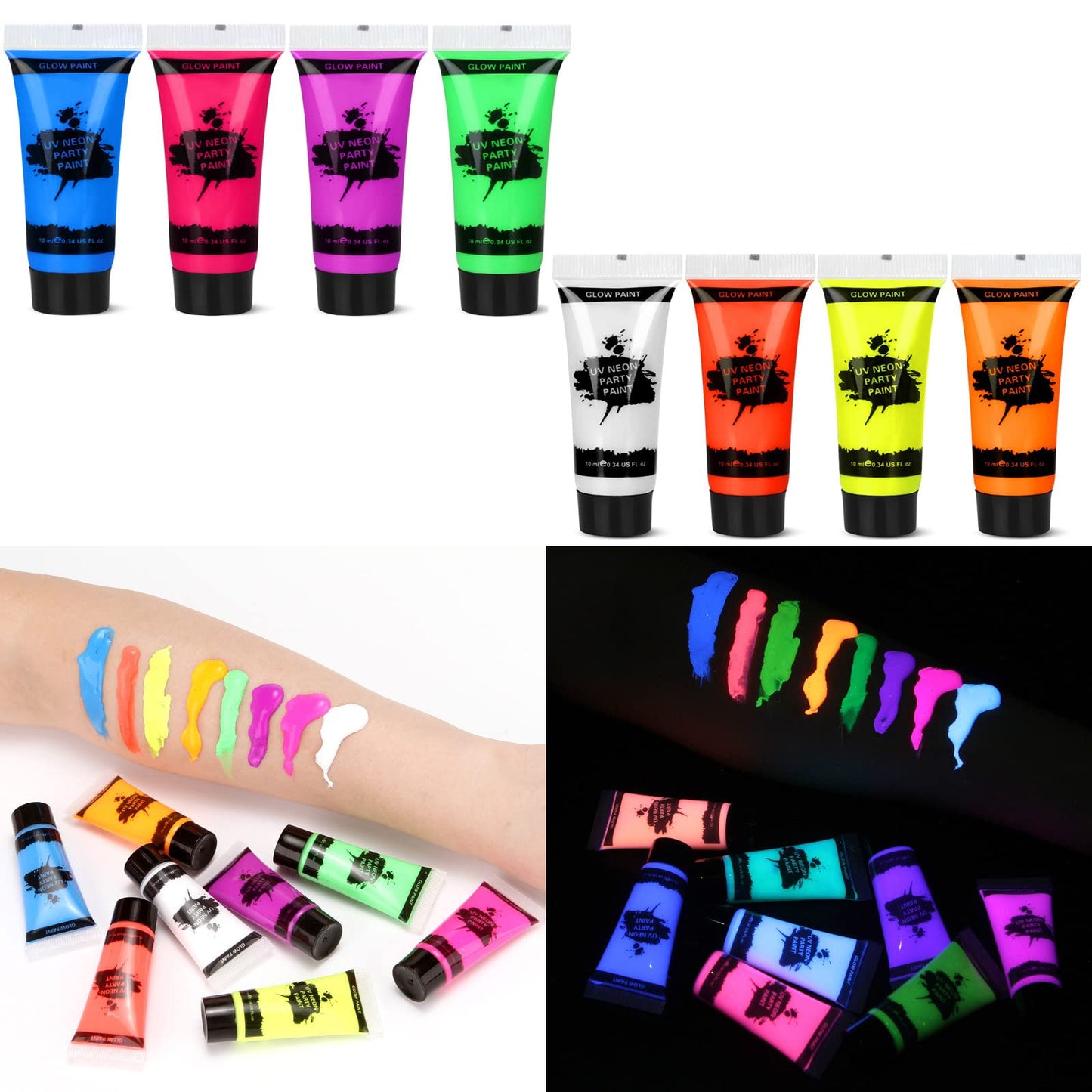 Blacklight Neon Face and Body Paint, 8 Tubes 0.34oz Glow in the Dark Body Paints, Neon Fluorescent Glow in Dark Party Supplies (10ml).… Beauty & Personal Care fenshine