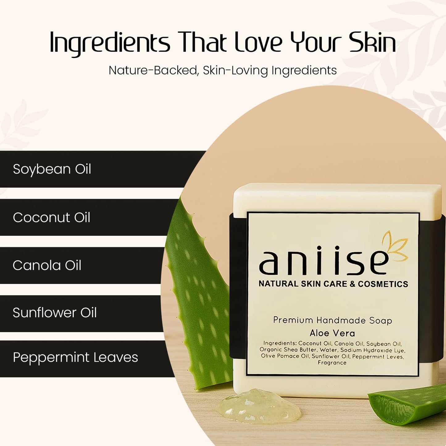 Aloe Vera Soap Bar for Face & Body - Hydrating & Soothing Cleanser with Nourishing Plant Oils & Peppermint Leaves - Premium Handmade Soap - Vegan Beauty & Personal Care Aniise