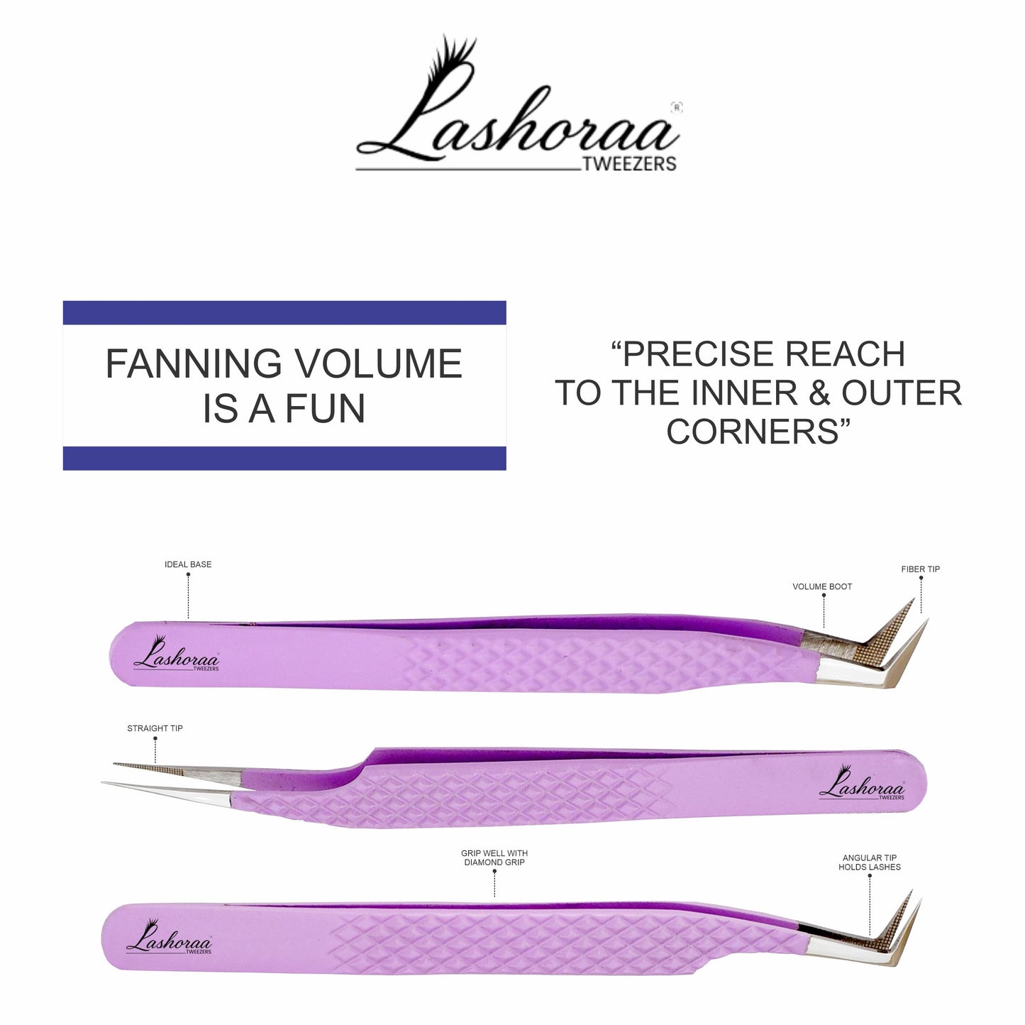 LASHORAA Professional 5pc Lash Extension Tweezers Pack - Fiber Tip Diamond Grip Japanese Steel, Precision Angled Tips - Perfect for Volume & Mega Beauty and Personal Care LASHORAA