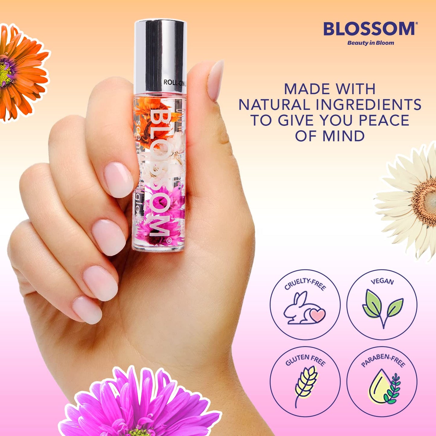 Blossom Roll on Lip Gloss, Scented Clear High Shine Moisturizing Lip Oil, Non Sticky, Infused with Real Flowers, Made in USA, 0.2oz, Juicy Peach Beauty & Personal Care Blossom