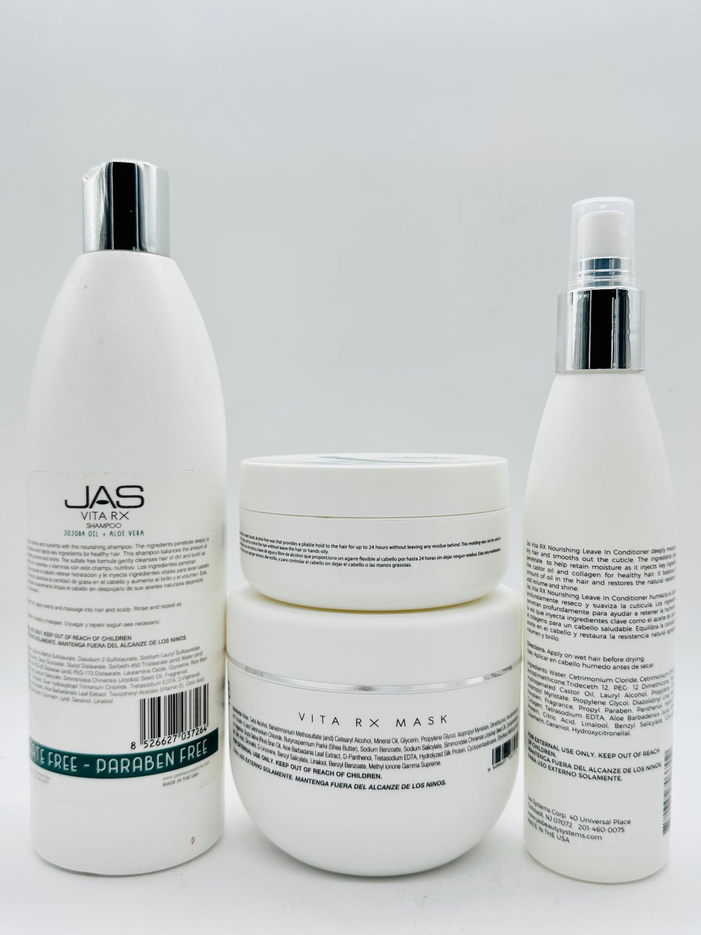 JAS Vita Rx Nourishing Shampoo 16 Oz, Conditioner 16 Oz & Hydrating Leave In with Jojoba Oil + Aloe Vera 8 Oz + Vita RX Wax 4 oz "Free Lip Plumping Beauty & Personal Care JAS Systems