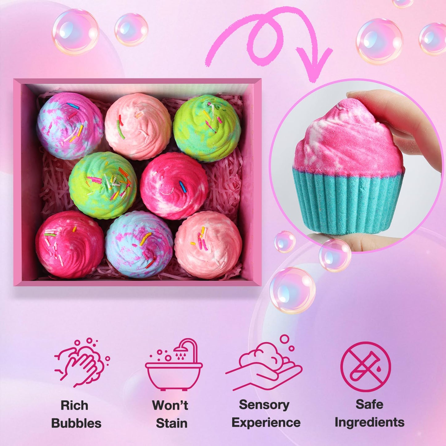 Bath Bombs for Kids with Surprise Jewelry Toys Inside, 8 Cupcake Bath Bombs Gifts Set, Girls, Teens, Kids Birthday Christmas Gift, Handmade Fizzy Beauty and Personal Care Santrela