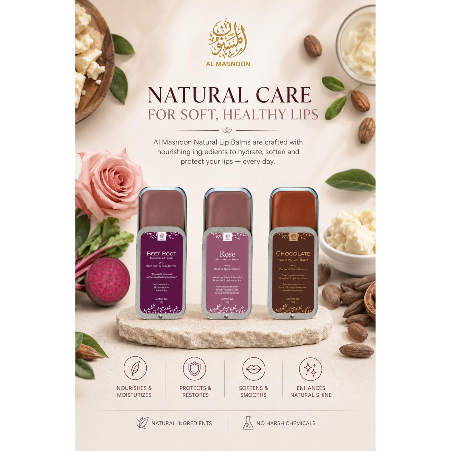 AL MASNOON 100% Natural Beetroot,Rose & Chocolate Lip Balm with Shea Butter & Beetroot Extract - Nourishing & Moisturizing 10g Pack, No Color Added Beauty and Personal Care al masnoon