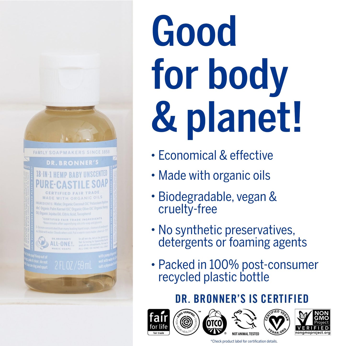 Dr. Bronner's - Pure-Castile Liquid Soap (Baby Unscented, 2 ounce, 2-Pack) - Made with Organic Oils, 18-in-1 Uses: Face, Body, Hair, Laundry, Pets Beauty & Personal Care Dr. Bronner's